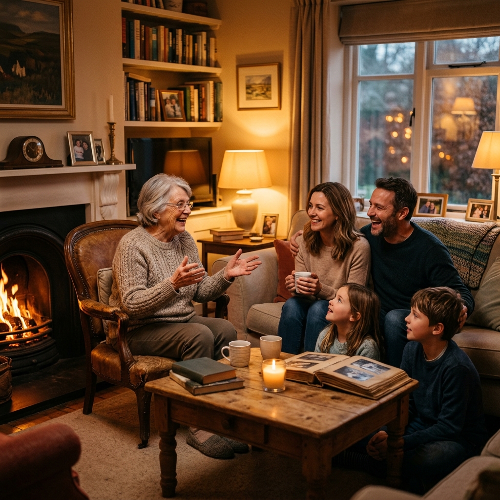 An older person sharing a meaningful life story with their family